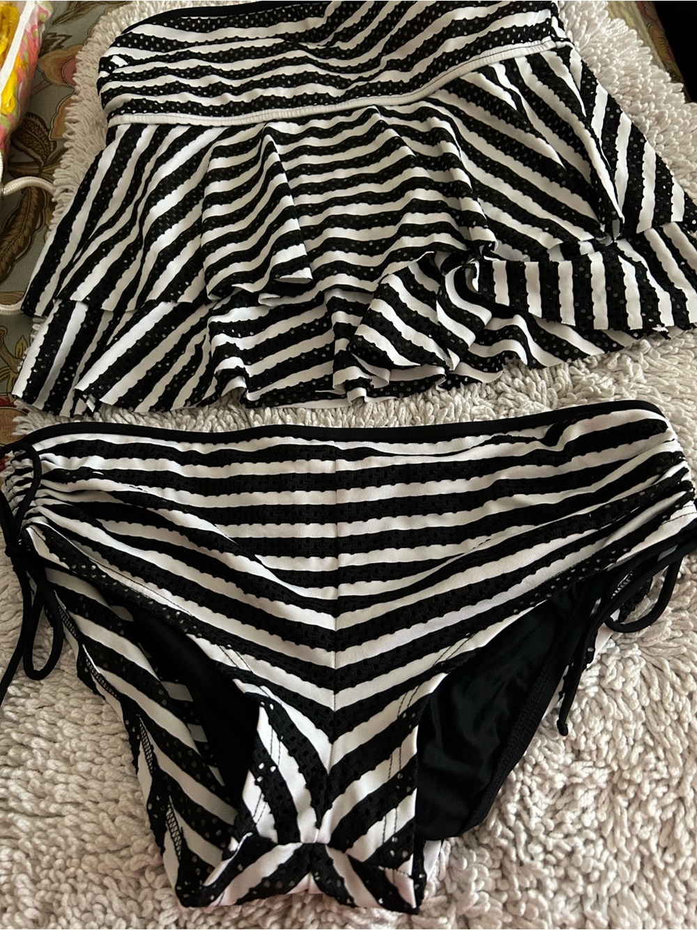 Kenneth Cole Black and White Striped Bandeau Tankini Set top has straps